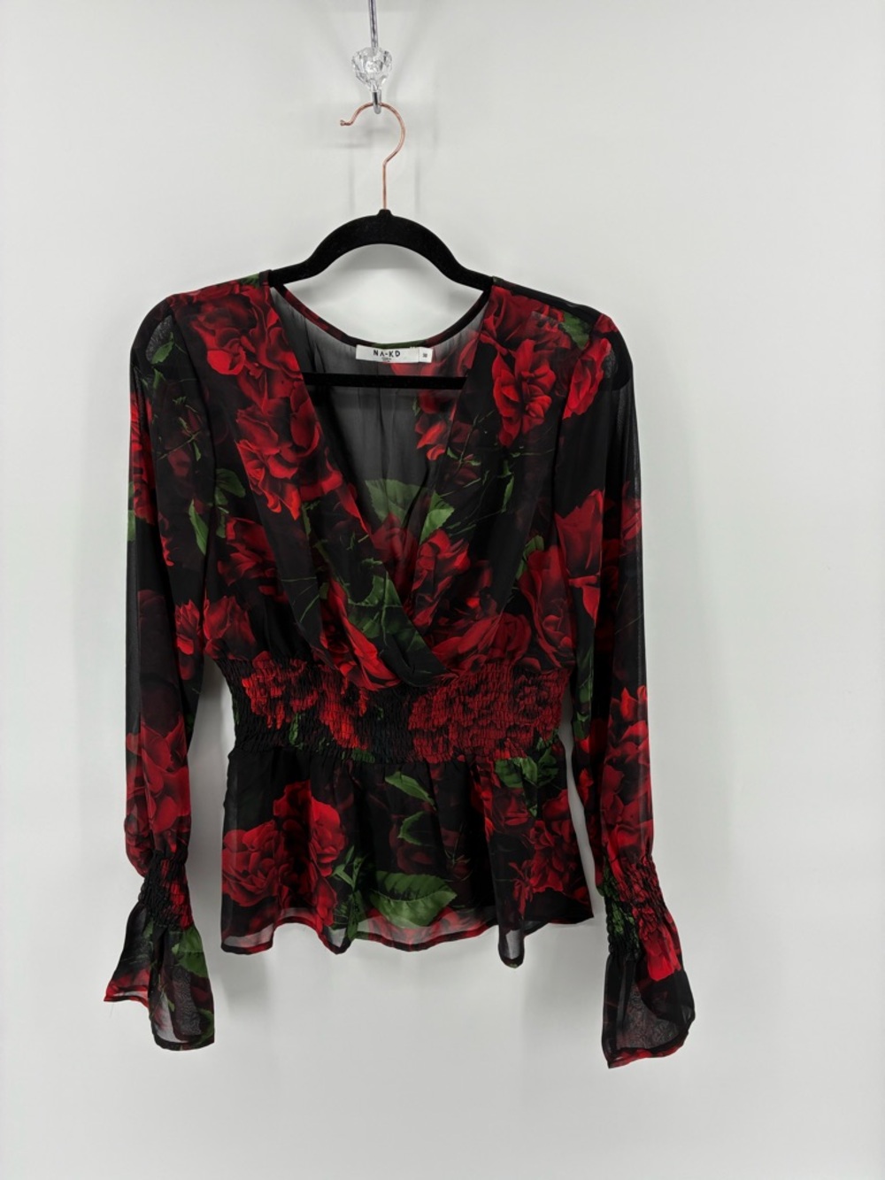 Na-kd Smocked Sleeve Blouse Floral V-Neck Blouse - Red and Black Sheer Roses